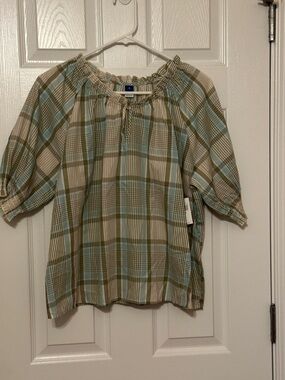 Old Navy Plaid Peasant Blouse in Light Blue and Tan